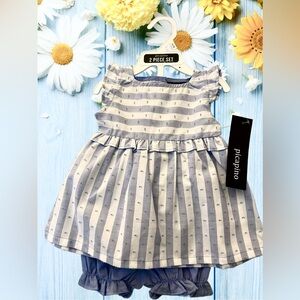 NWT Picapino Blue and White Striped Baby Girls 2pc Dress & Bloomers 60/40 6-9m
